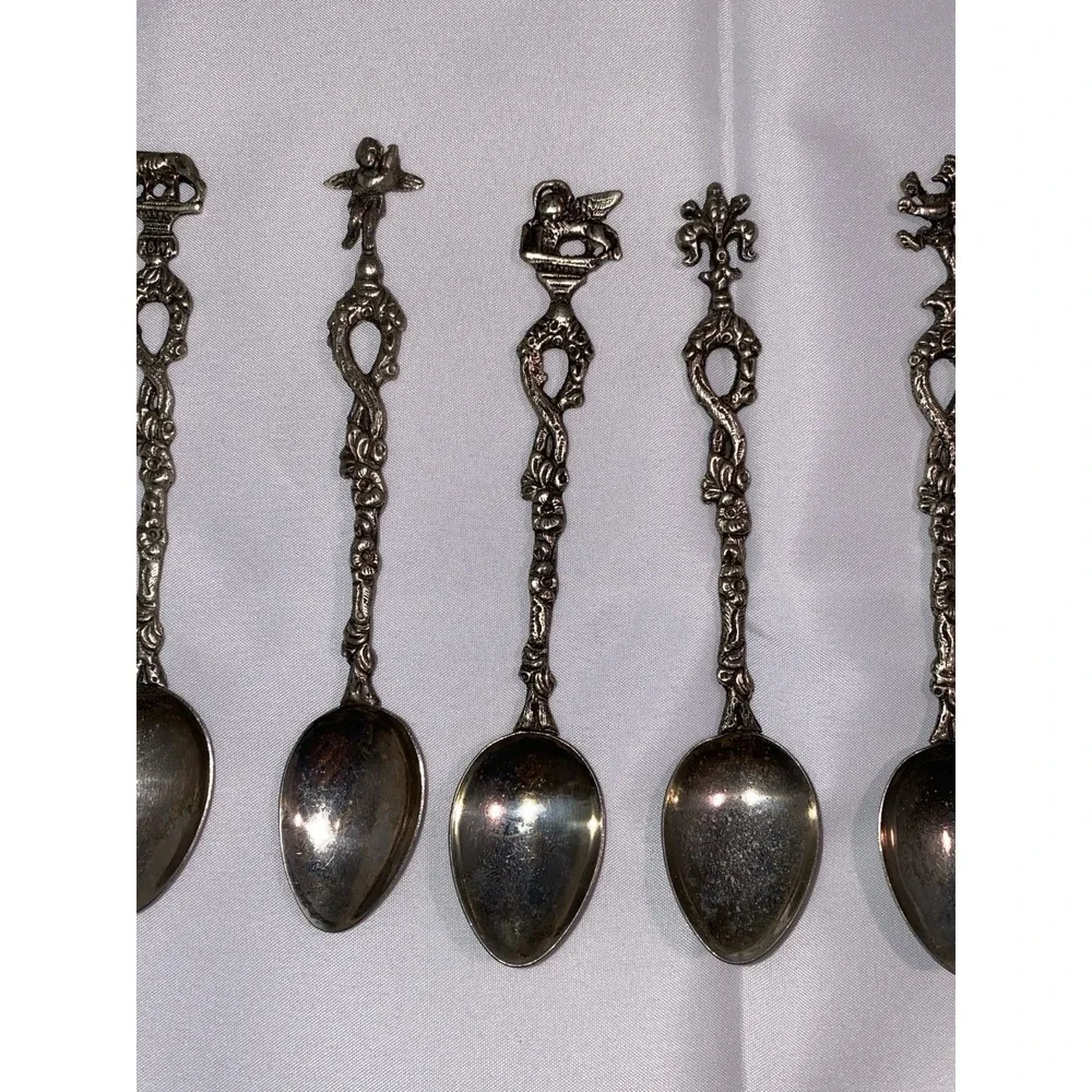 Set of 7 Montagnani Style Italy Stamped Figural Demitasse‎ Spoons Ornate Vintage